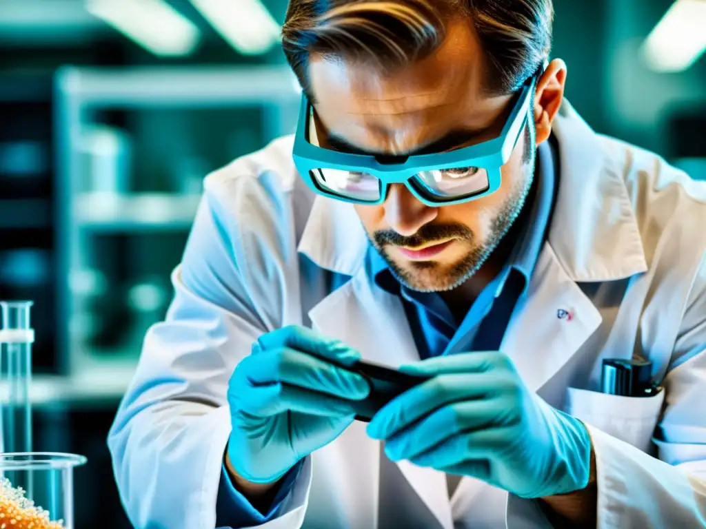 Experto en inmunoterapia: Investigación de vanguardia Un científico en un laboratorio moderno examina una estructura celular vibrante bajo un microscopio