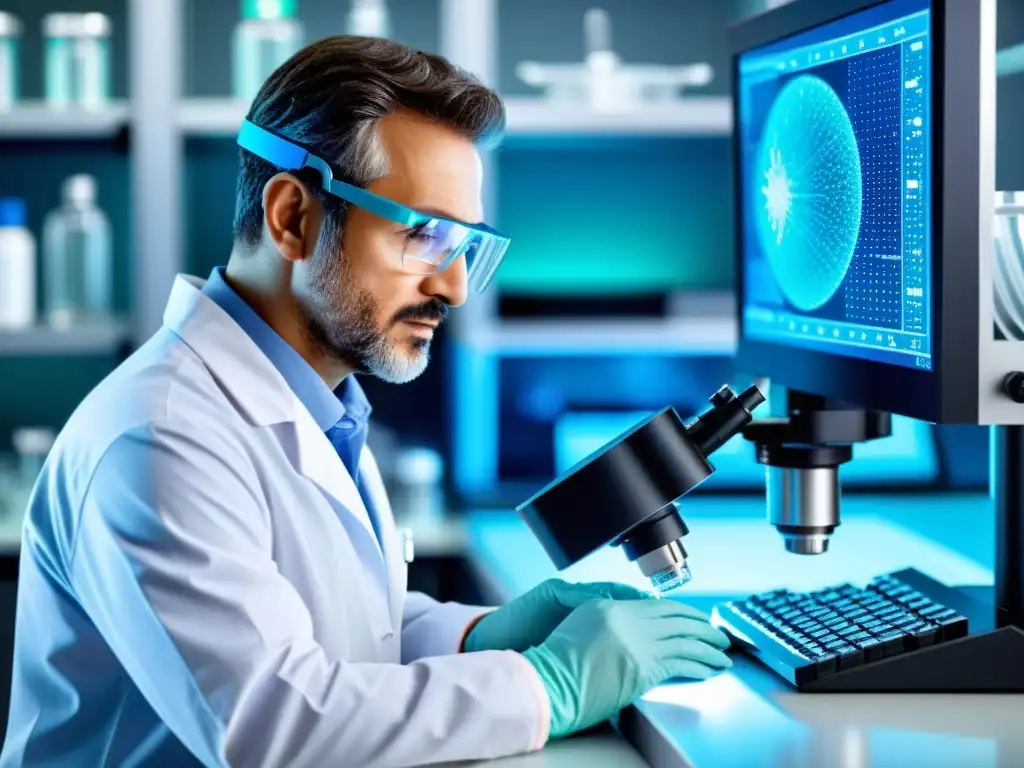 Un científico en un laboratorio moderno analiza una muestra de vacuna bajo un microscopio potente, rodeado de equipo científico avanzado y tecnología futurista