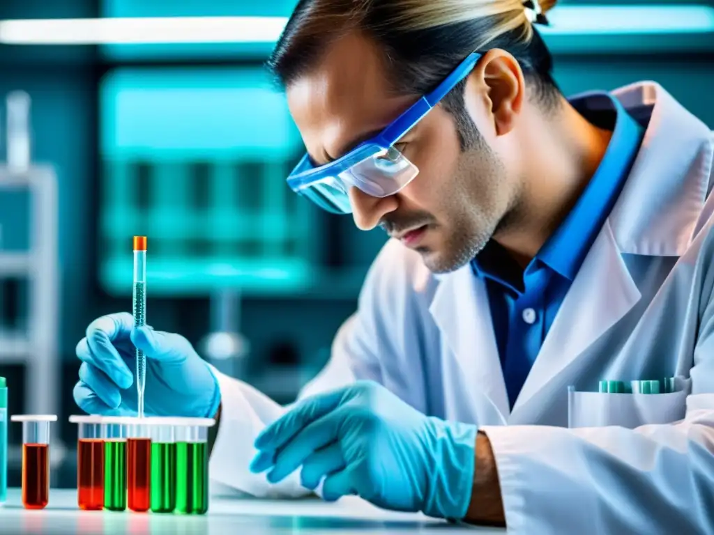 Experto científico pipeteando vacuna brillante en laboratorio moderno Un científico en un laboratorio moderno pipetea cuidadosamente una solución de vacuna brillantemente coloreada en un vial