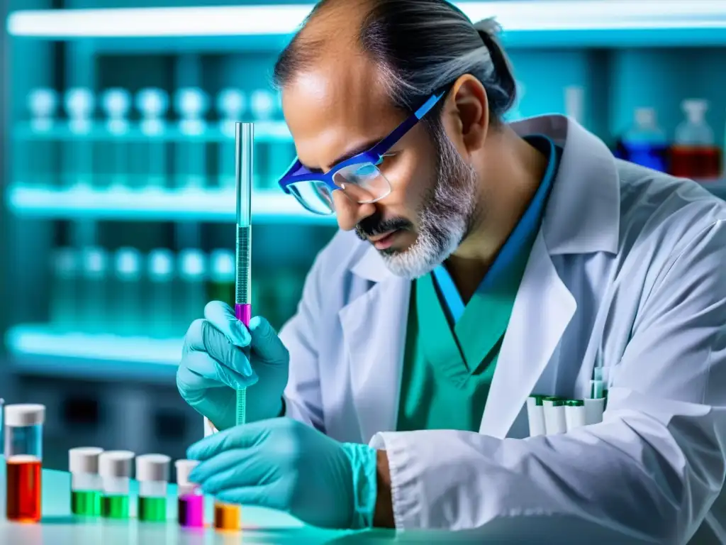 Vacuna de colores: científico preciso en laboratorio moderno Un científico en un laboratorio moderno pipetea una solución de vacuna colorida en un vial, transmitiendo la importancia y precisión de su trabajo