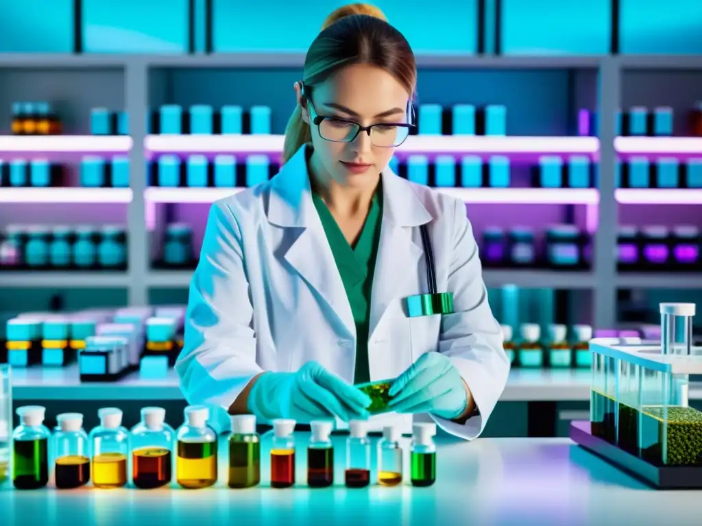 Scientist investigating vibrant natural supplements in futuristic lab Un científico en un laboratorio moderno manipula suplementos naturales para fortalecer el sistema inmunológico