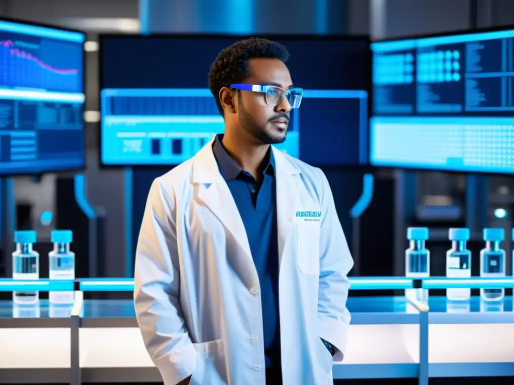 Innovación en vacunas: científico personalizando a nivel molecular Un científico en un laboratorio moderno, analizando y personalizando vacunas a nivel molecular con tecnología avanzada
