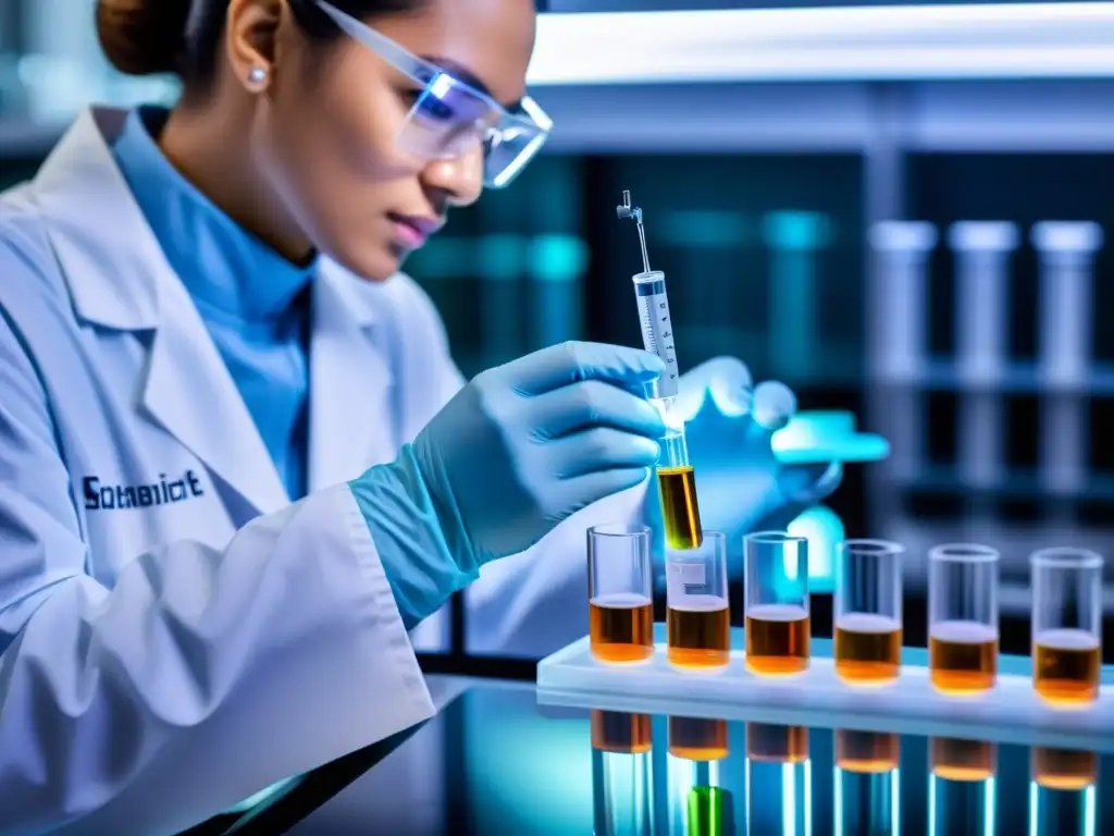 Precision en el laboratorio: científico pipeteando con cuidado Un científico de laboratorio pipetea con precisión una muestra líquida en un vial, con un ambiente profesional y riguroso