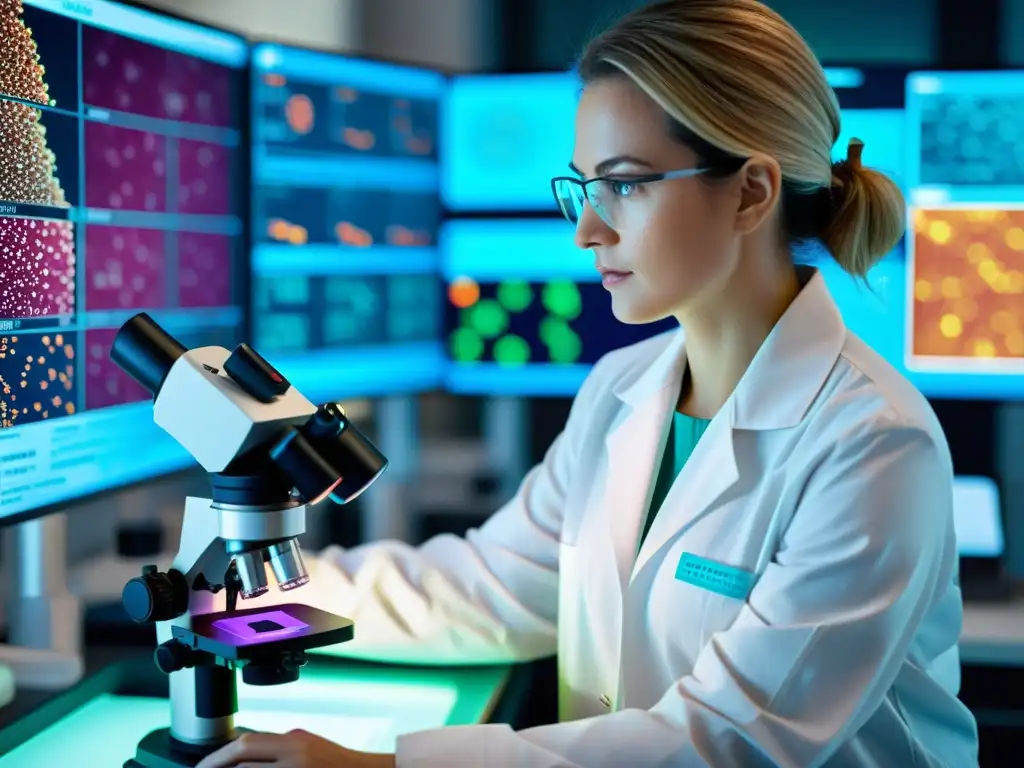 Microbiota: Investigación de Vanguardia en el Laboratorio Un científico de laboratorio analiza muestras de microbiota con un microscopio de alta tecnología