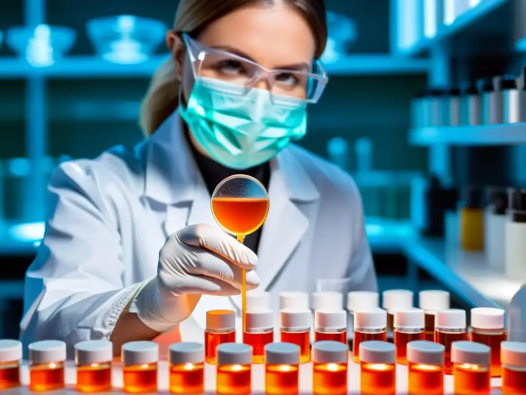 Un científico en laboratorio pipetea con precisión suplemento NAC para sistema inmunológico, creando una escena moderna y profesional