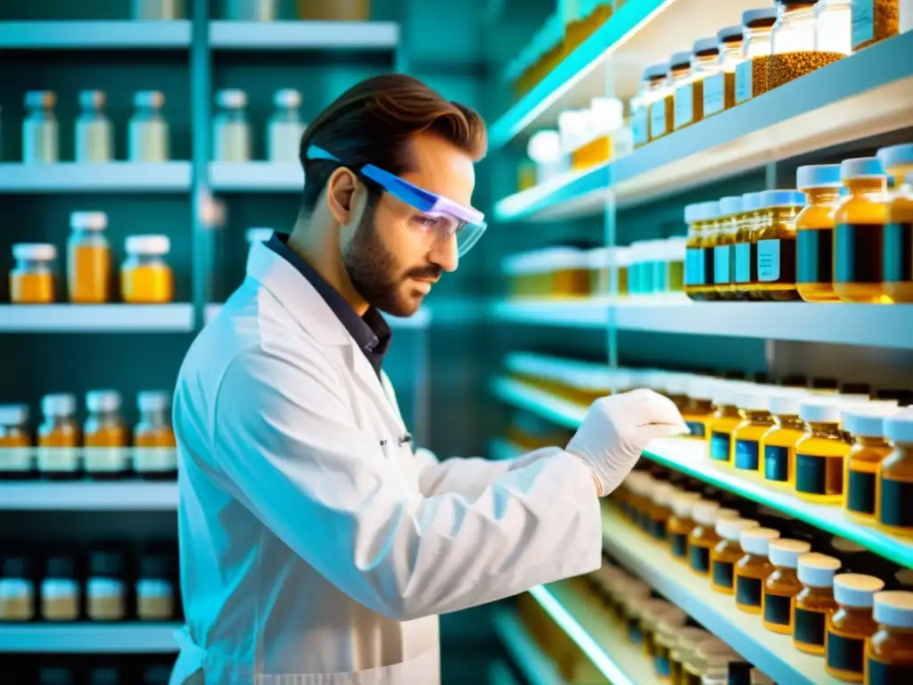 Preparación precisa de suplementos en un laboratorio de vanguardia Un científico en laboratorio mezcla con precisión suplementos de cúrcuma y piperina