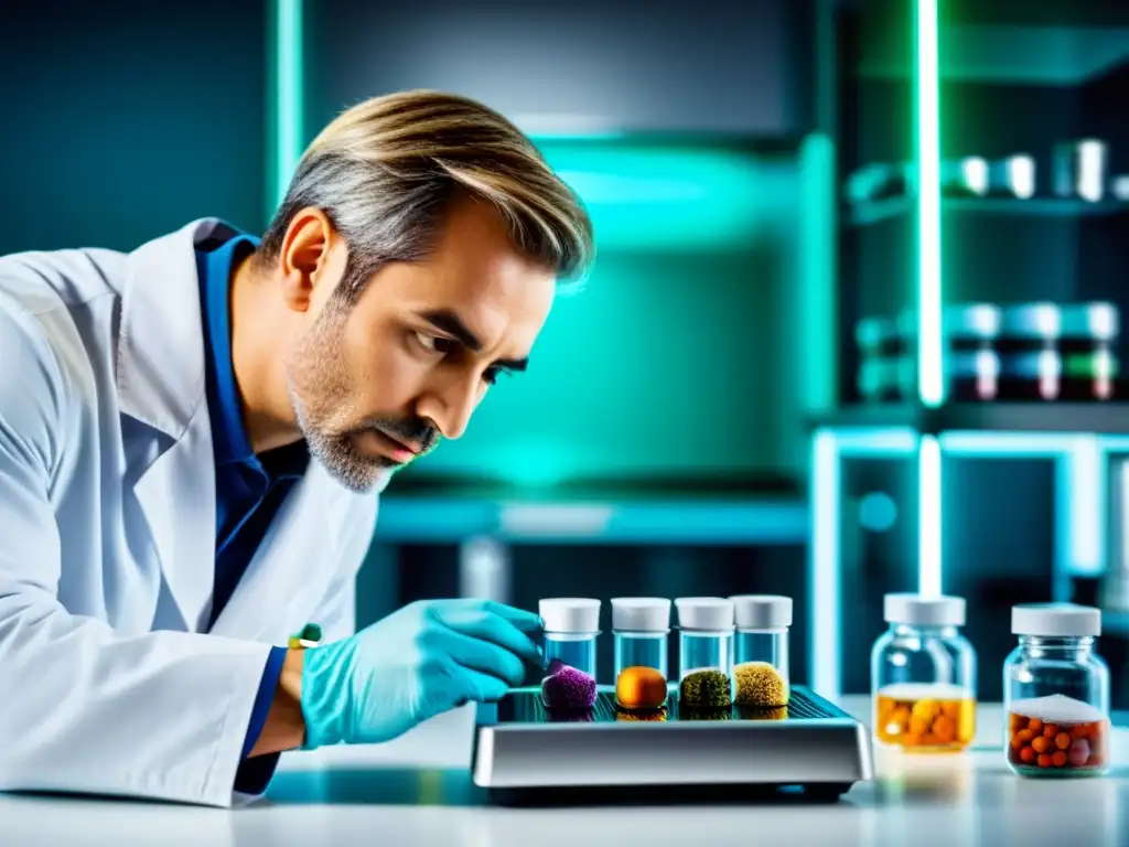 Experto en laboratorio pesa suplementos con precisión Un científico en un laboratorio mide suplementos con precisión para un sistema inmune robusto con suplementación inteligente