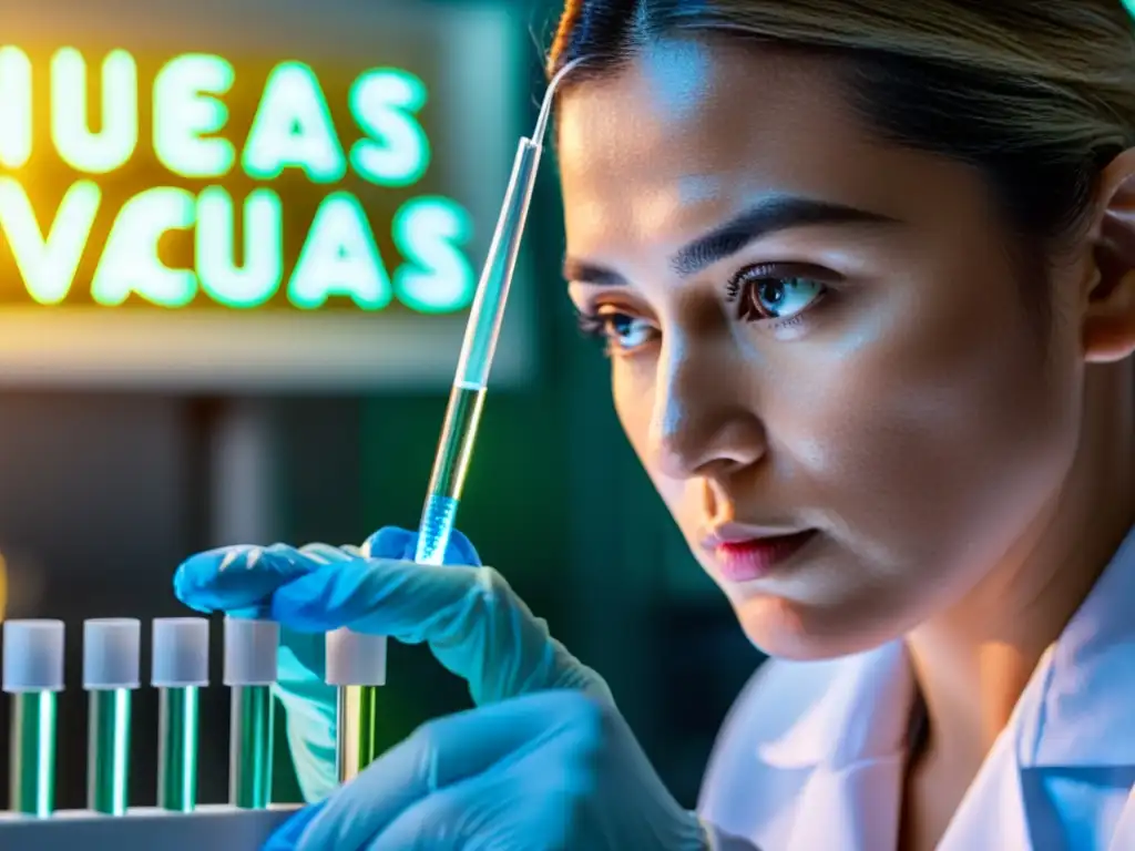 Desarrollo de Nuevas Vacunas: Precisión e Innovación Un científico en un laboratorio de vanguardia pipetea líquido brillante, etiquetado 'Nuevas Vacunas'