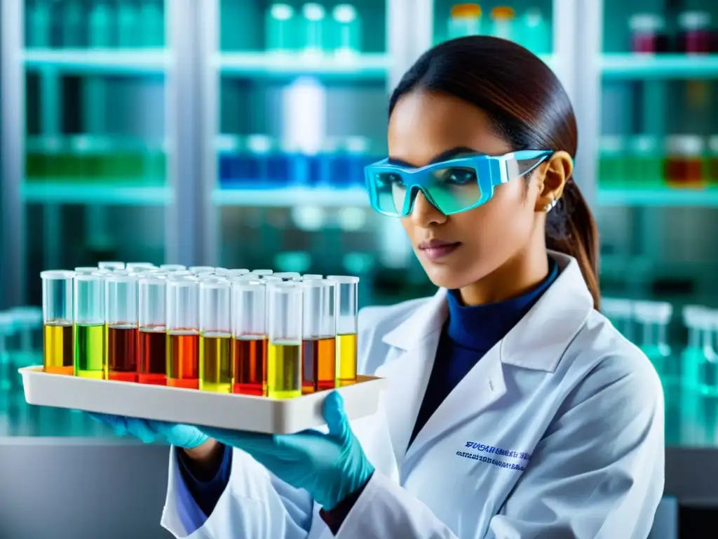 Vibrantes vacunas: científico en laboratorio Un científico en laboratorio maneja cuidadosamente vials de vacunas coloridas