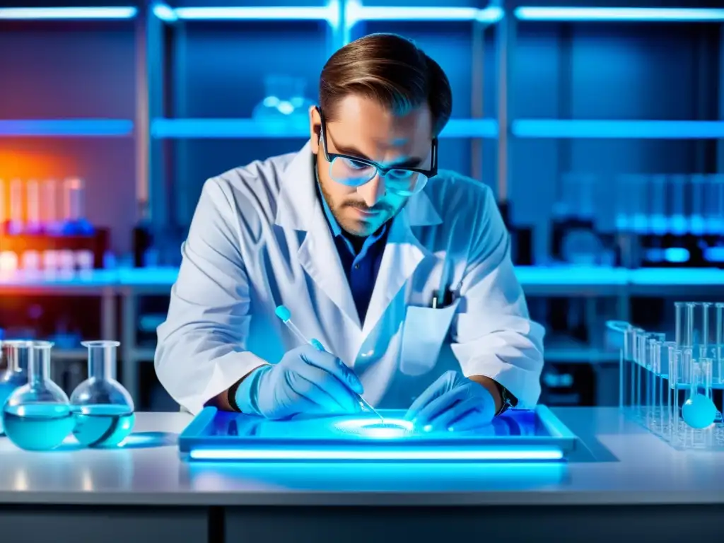 Experimento de laboratorio con líquido azul vibrante Un científico vierte líquido azul en una placa de Petri en un laboratorio moderno