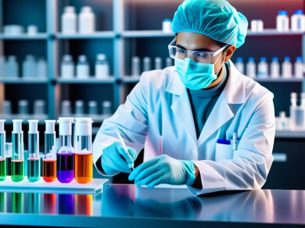 Avanzada investigación de vacunas: Científico en laboratorio ultradetallado Un científico meticuloso en un laboratorio moderno, pipeteando líquido colorido en un vial claro, rodeado de tecnología avanzada