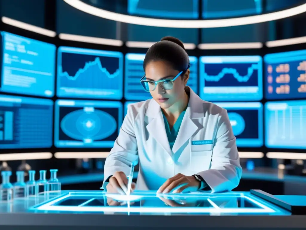Avanzado laboratorio futurista: científico examina muestra bajo microscopio Un científico examina una muestra en un laboratorio futurista con equipos médicos avanzados y pantallas holográficas