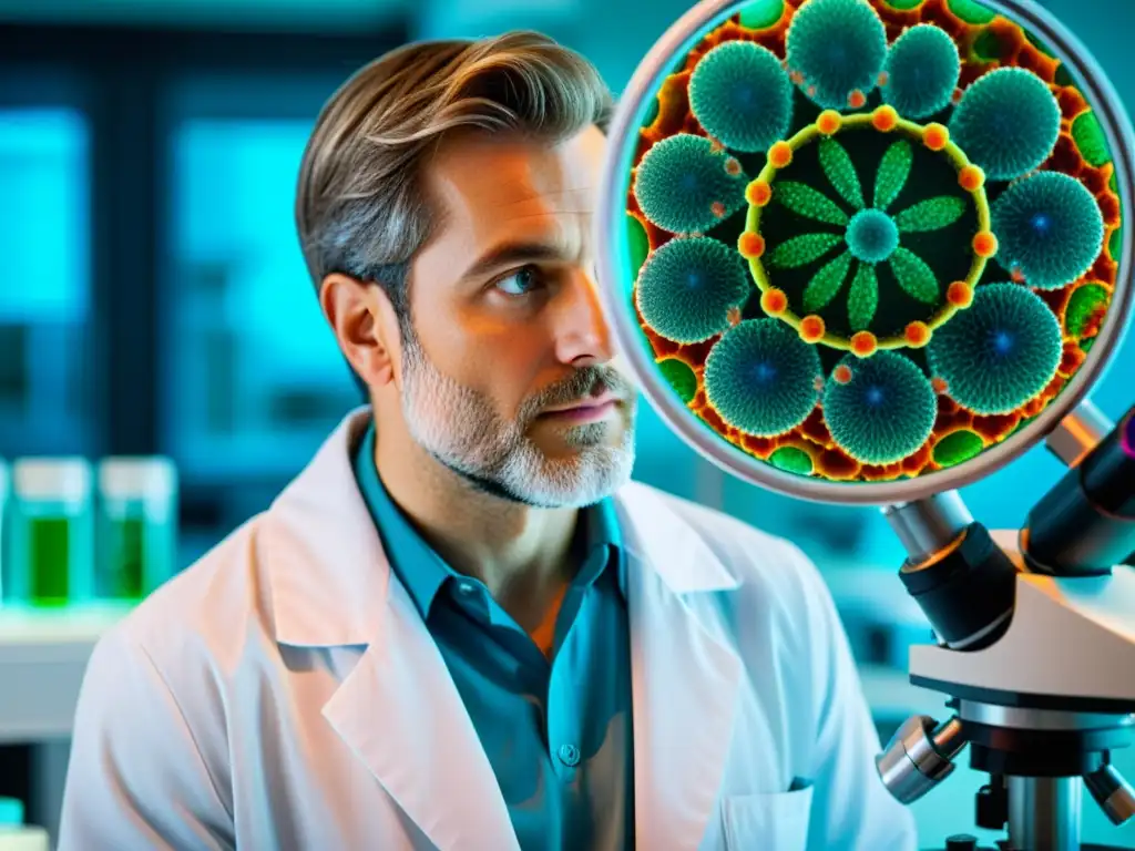Un científico analiza detalladamente una placa de Petri con patrones coloridos de bacterias y células bajo un microscopio, representando la importancia de los beneficios de los chequeos inmunológicos en planes de salud