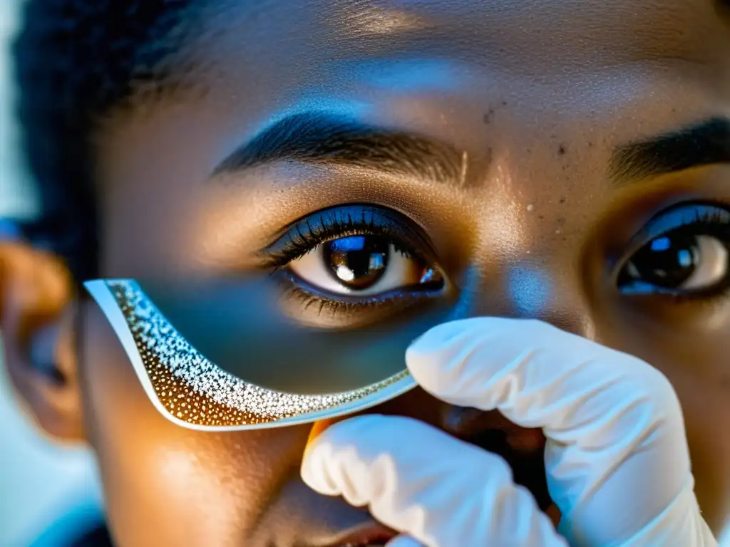 Examinación detallada de células afectadas por vitiligo Un científico examina con precisión una muestra de células de piel afectadas por vitiligo, mostrando tratamientos y avances en vitíligo