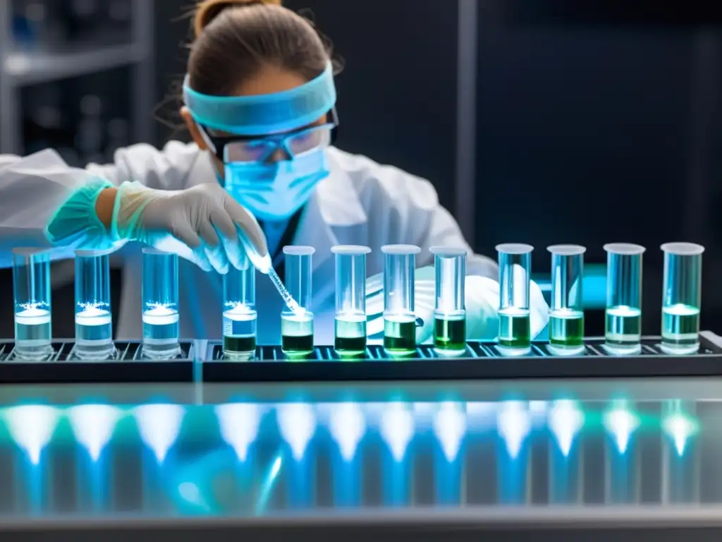 Preparación de muestras en laboratorio de vanguardia Un científico pipetea cuidadosamente una solución clara en viales transparentes, rodeado de equipos de laboratorio
