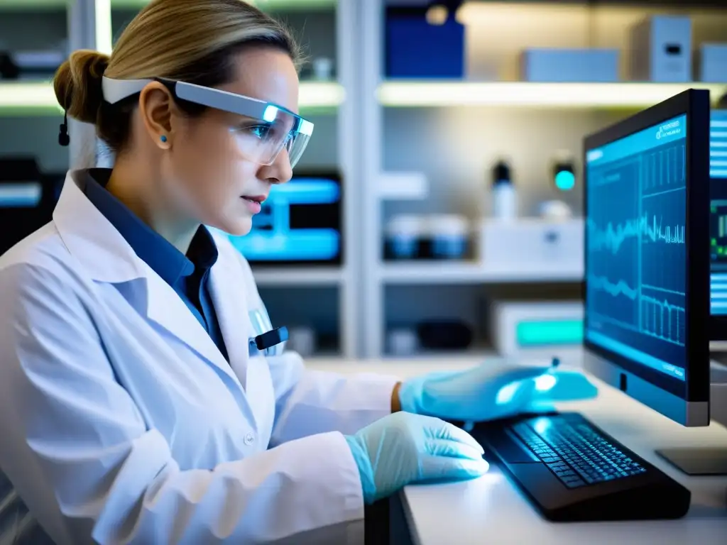 Investigador con tecnología wearable en laboratorio de inmunología Un científico usando tecnología wearable en investigación inmunológica