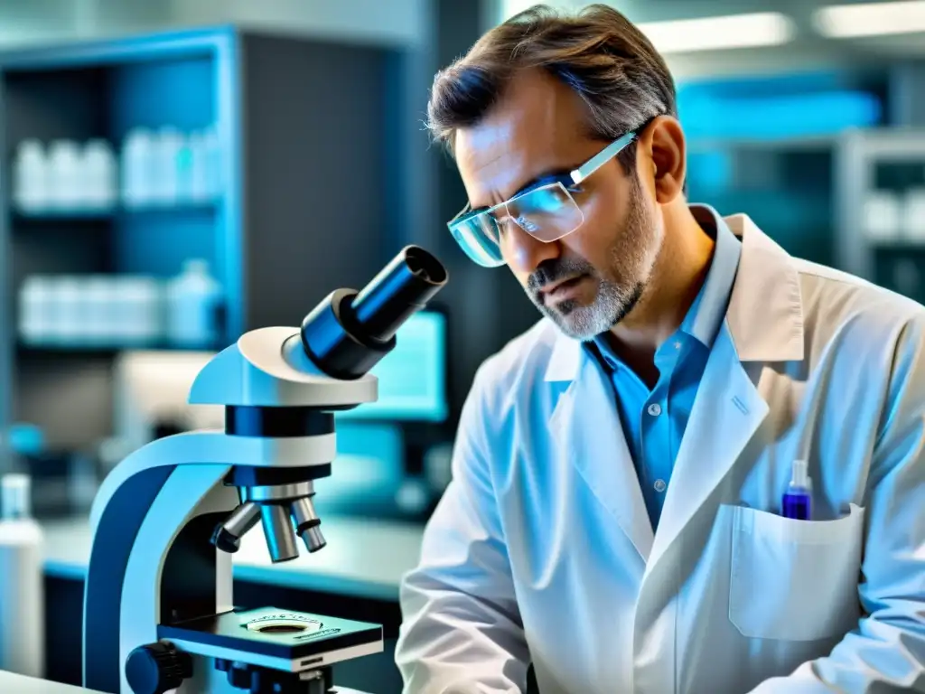 Análisis detallado de vacuna en laboratorio moderno Un científico examina detalladamente una vacuna en un laboratorio moderno, destacando la importancia de las vacunas en el avance del sistema inmunológico