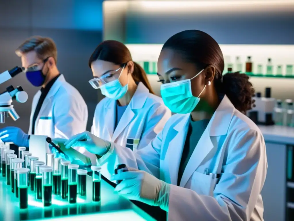 Científicos en laboratorio de alta tecnología realizan desarrollo ético de vacunas y ensayos clínicos, con expresiones intensas y movimientos precisos