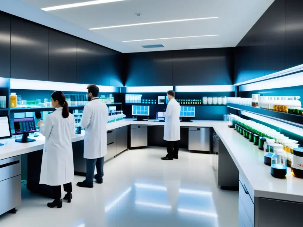 Análisis experto de suplementos y vitaminas en laboratorio de vanguardia Científicos midiendo suplementos en laboratorio moderno, transmitiendo rigor científico y tecnología vanguardista