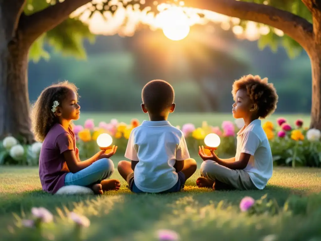 Niños meditando al atardecer entre la naturaleza Un círculo de niños meditando en un prado al atardecer con luces mágicas