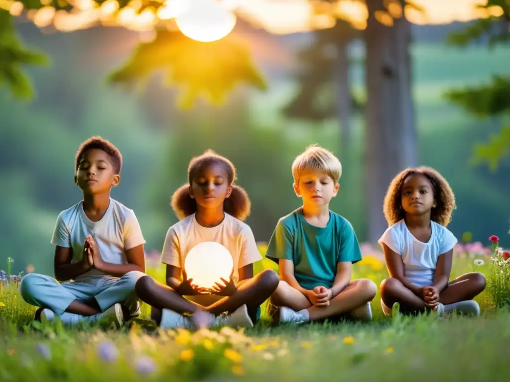 Meditación infantil en la naturaleza al atardecer Un círculo de niños meditando en un prado verde, sosteniendo pequeñas luces brillantes