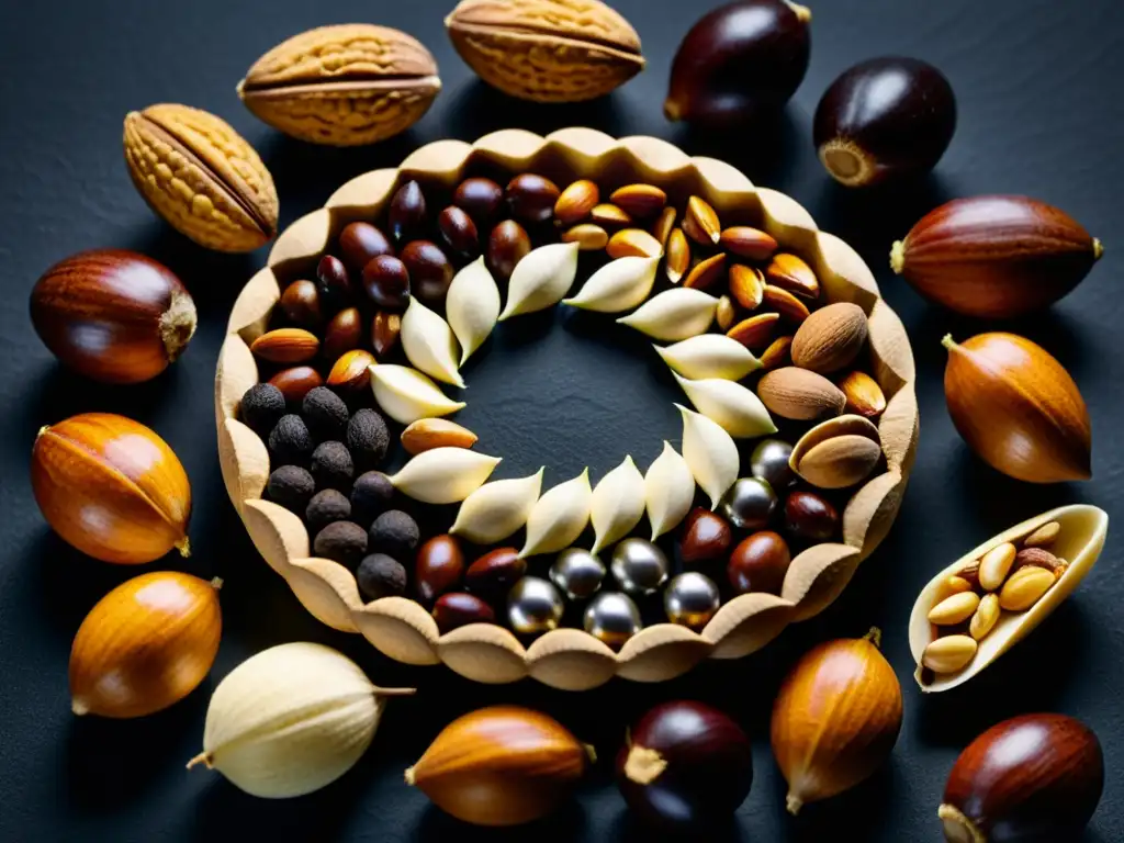 Patrón circular de nueces y semillas: detalle ultrarrealista Un círculo de nueces y semillas vibrantes y detalladas en superficie oscura