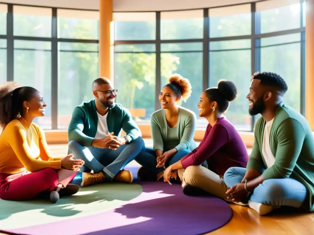 Círculo de apoyo y empatía: conversaciones profundas en un espacio acogedor Un círculo de personas diversas conversa y se apoya mutuamente en un espacio acogedor