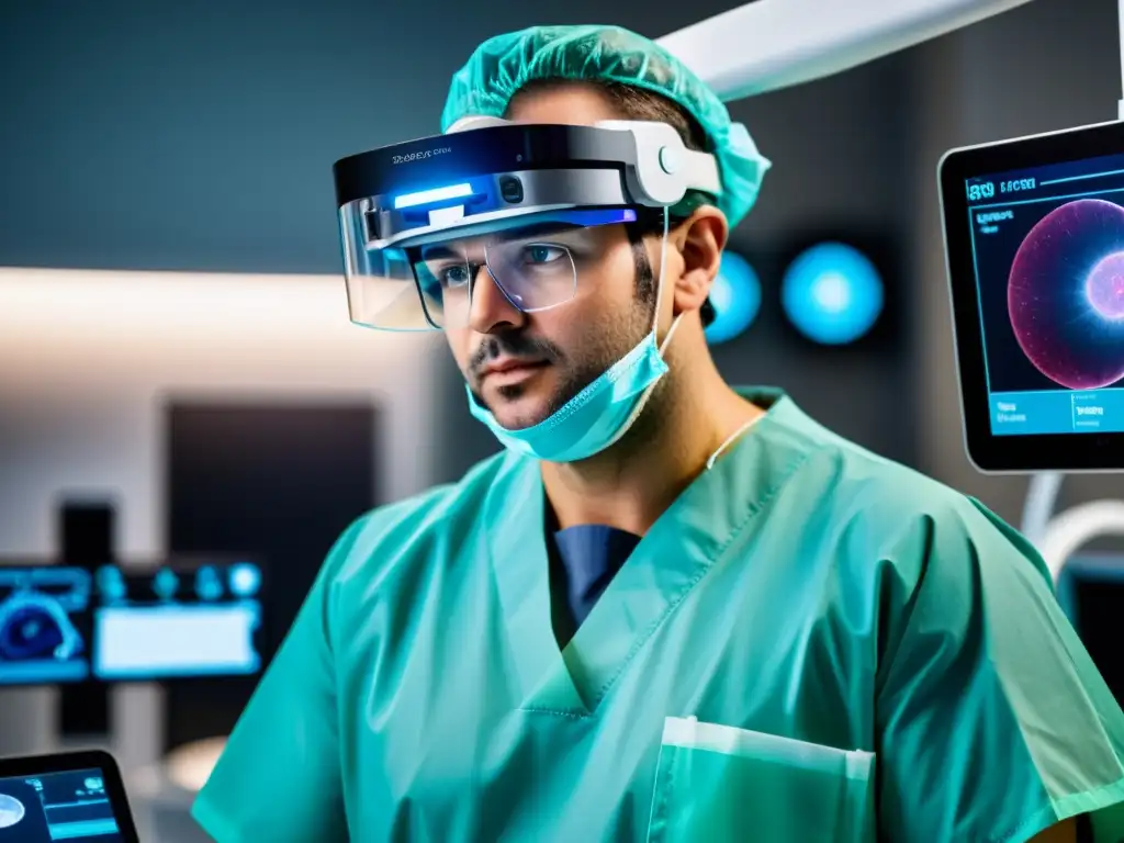 Imagen de cirujano con gafas de realidad aumentada en cirugía inmunológica de precisión Un cirujano realiza una precisa cirugía inmunológica con realidad aumentada, rodeado de tecnología médica avanzada