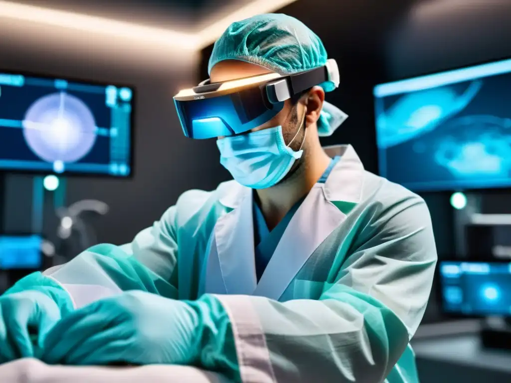Cirujano inmunológico con realidad aumentada en quirófano Un cirujano en una sala de operaciones de alta tecnología realiza cirugías inmunológicas con realidad aumentada, mostrando precisión y concentración