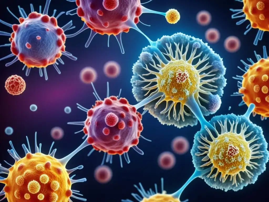 Interacción de Citoquinas con Células Inmunes: Detalles Microscópicos Interacción de citoquinas con células inmunes en el cuerpo humano, mostrando su función en inmunidad de forma detallada y colorida