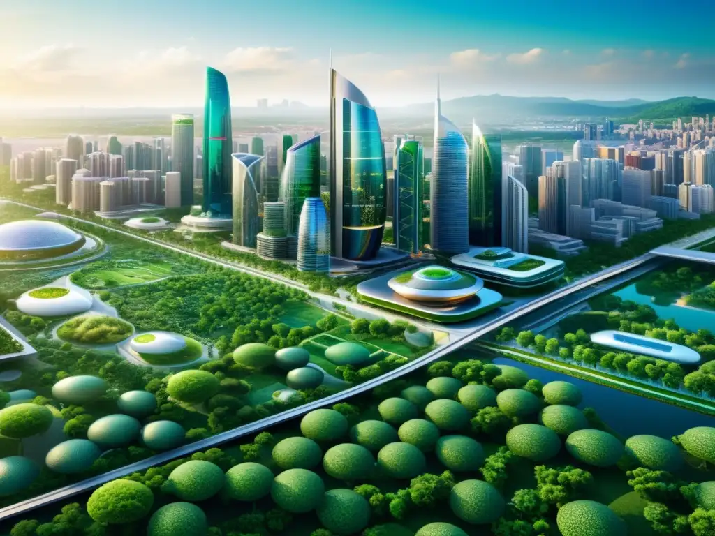 La cura hermosa: ciudad futurista y salud inmunológica Una ciudad futurista vibrante, con rascacielos y avanzadas instalaciones médicas integradas en el paisaje urbano