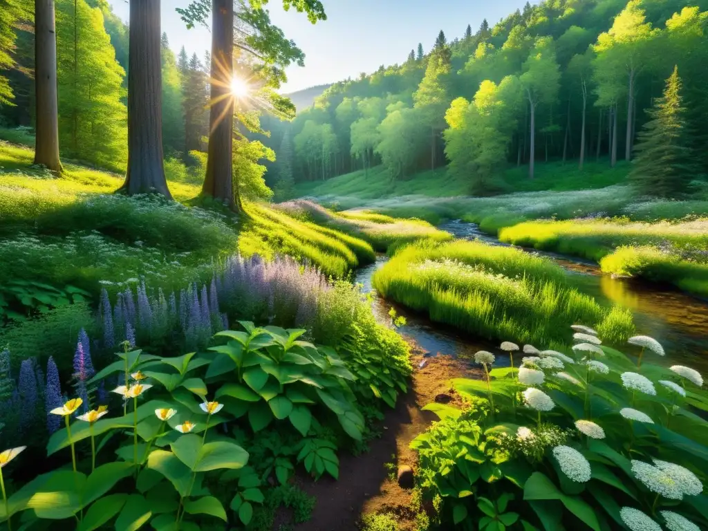 Bosque sereno: claridad soleada y flores silvestres Un claro de bosque bañado por el sol, con vegetación exuberante y flores silvestres