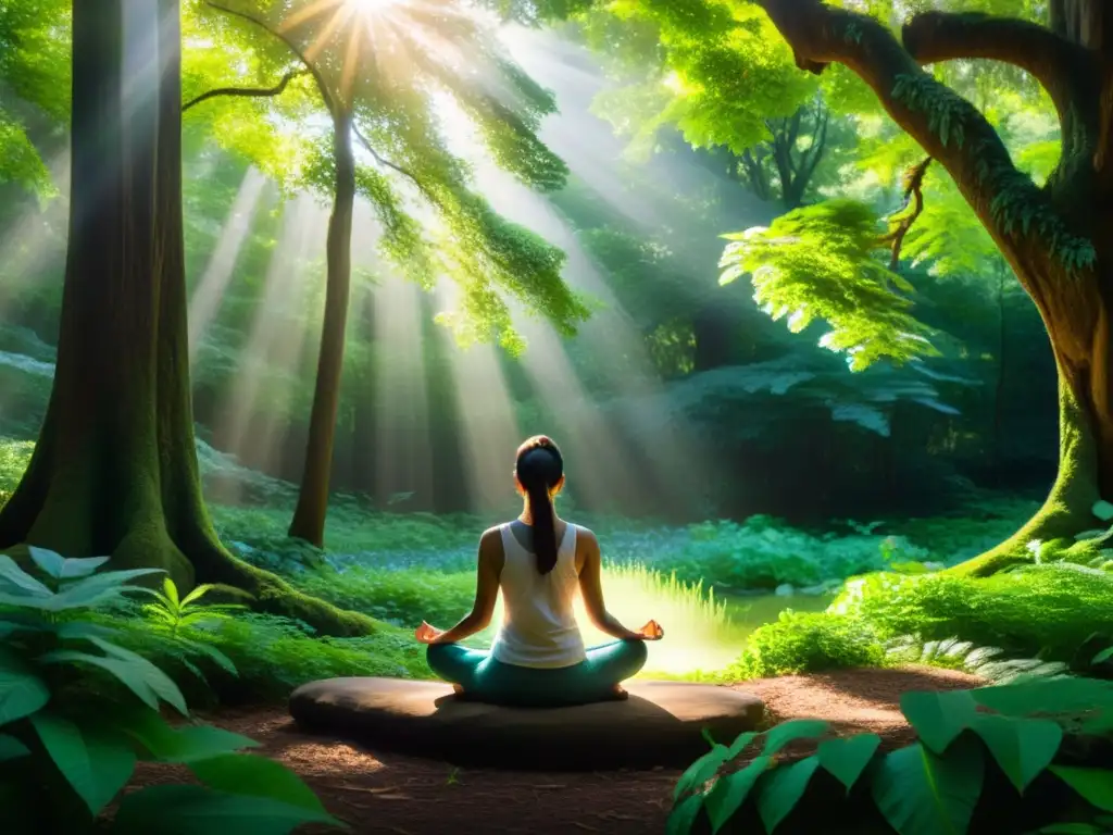 Claro bosque meditativo: conexión espiritual Un claro de bosque iluminado por el sol, con una figura meditando rodeada de un brillo etéreo