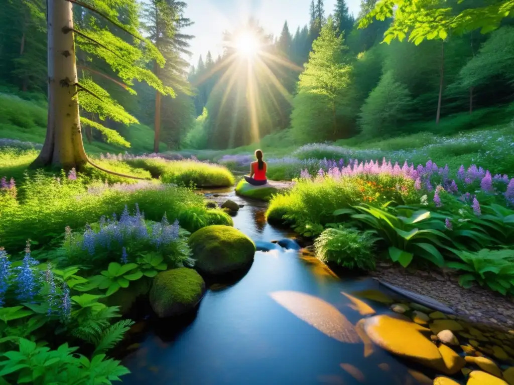 Meditación en el bosque: armonía y paz interior Un claro de bosque soleado y sereno con un arroyo, árboles vibrantes y flores silvestres
