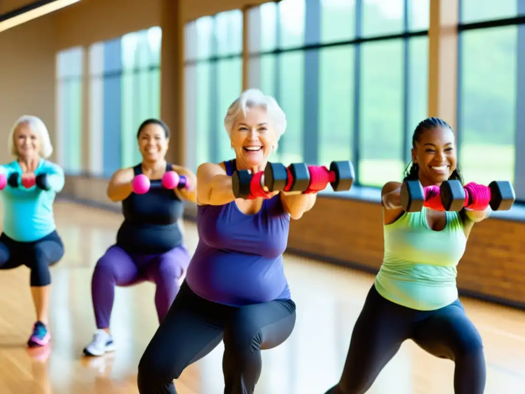Clase de ejercicios para adultos mayores con energía y vitalidad Clase de ejercicios de bajo impacto para adultos mayores en un estudio luminoso y moderno, promoviendo la inmunidad y la salud
