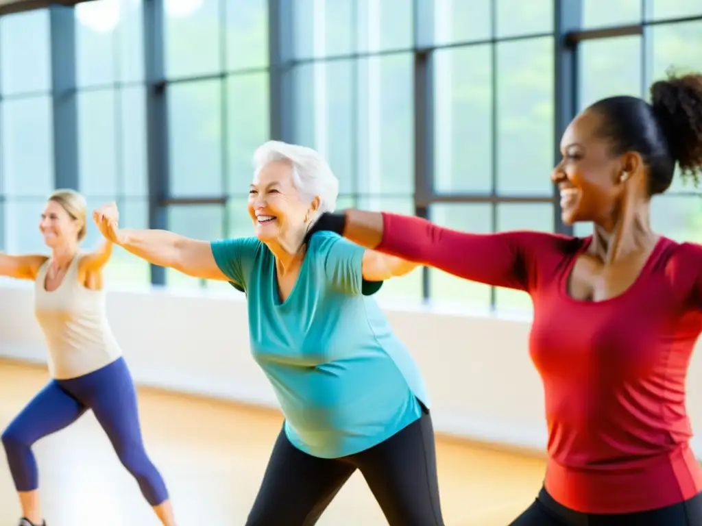 Clase de ejercicios para adultos mayores: energía y vitalidad en movimiento Clase de ejercicios de bajo impacto para adultos mayores en un estudio luminoso, fomentando la inmunidad y la camaradería