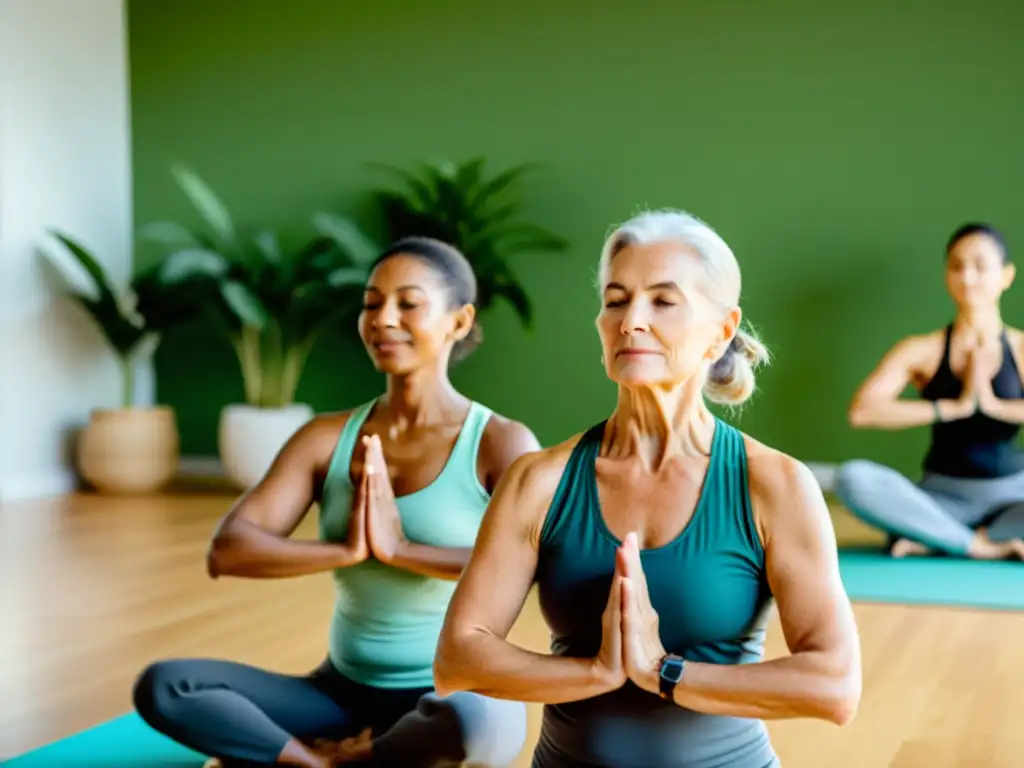 Clase de yoga para adultos mayores en estudio moderno Clase de yoga para adultos mayores en un estudio luminoso con plantas verdes