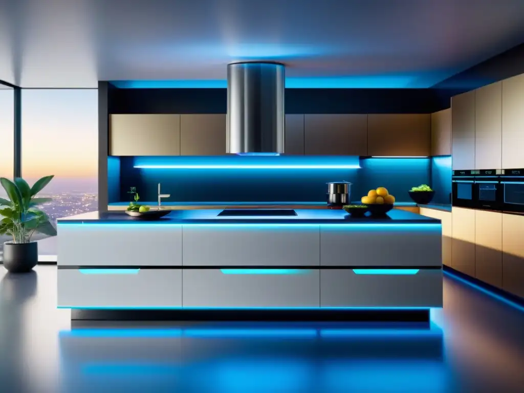 Cocina futurista con alimentos vibrantes para la salud personalizada Una cocina futurista llena de tecnología y alimentos vibrantes, para una dieta personalizada que fortalece el sistema inmunológico