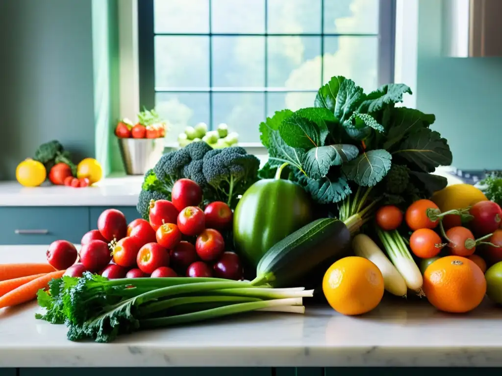 Exquisita variedad de frutas y verduras frescas en cocina moderna Una cocina inmunoestimulante para fortalecer, llena de frutas y verduras frescas y coloridas, dispuestas de forma atractiva en el mostrador moderno