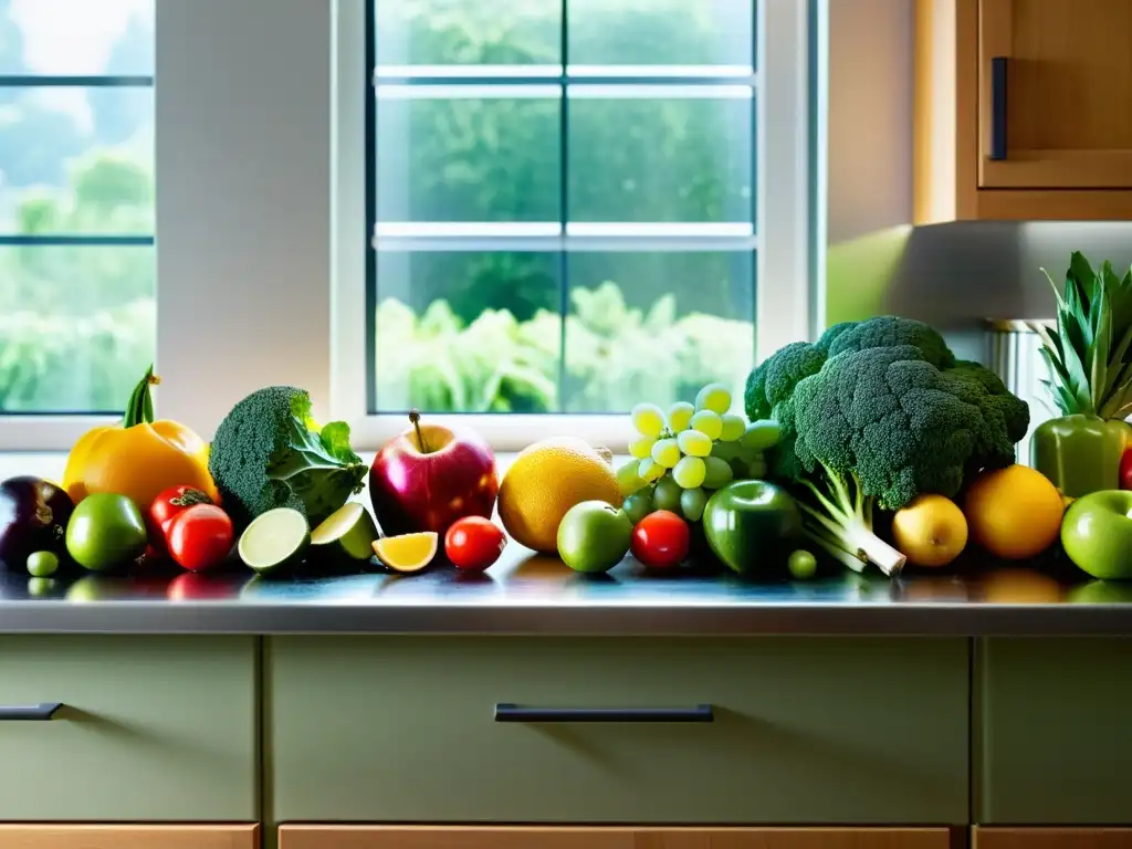 Vibrante y fresco: variedad de frutas y verduras en cocina moderna Una cocina inmunoestimulante para fortalecer, llena de frutas y verduras frescas y coloridas, bañadas por la luz natural y el brillo del agua