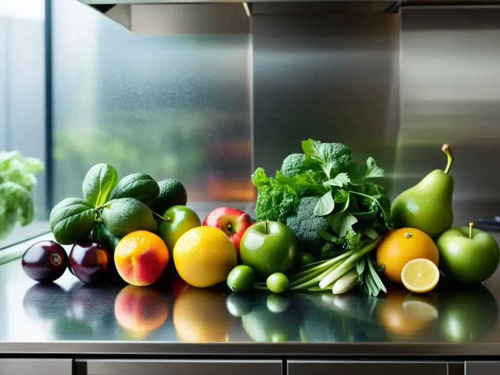 Exuberante variedad de frutas y verduras frescas en cocina moderna Una cocina inmunoestimulante para fortalecer: variedad vibrante de frutas, verduras y hierbas frescas en un elegante mostrador, resplandeciendo al sol