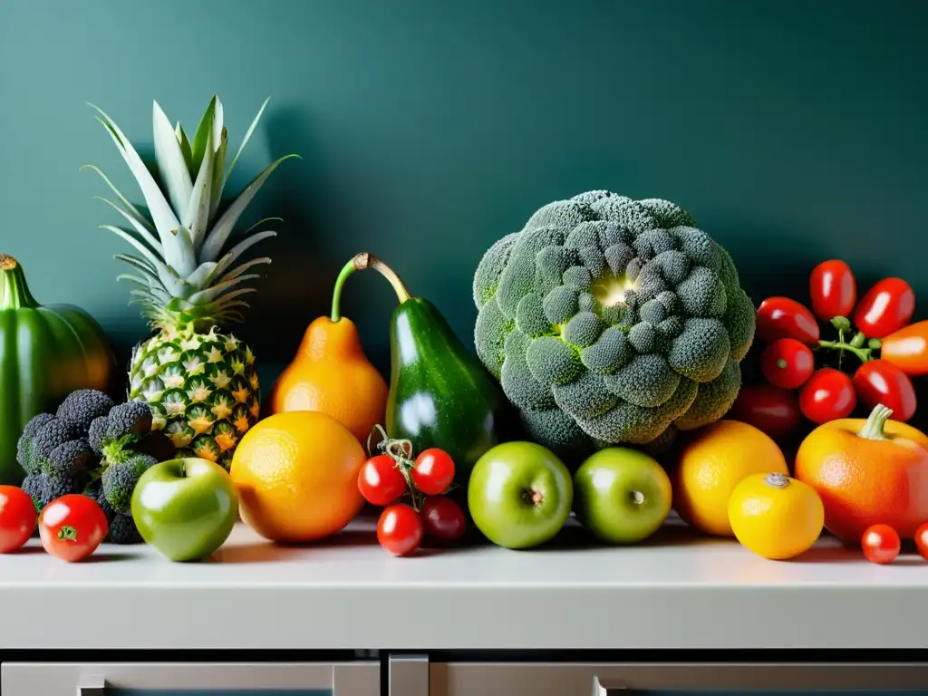 Deslumbrante arreglo de frutas y verduras en cocina moderna Una cocina inmunoestimulante para fortalecer: una vibrante y detallada imagen de una exquisita selección de frutas, verduras y hierbas, dispuestas de manera hermosa en una encimera de cocina moderna y elegante