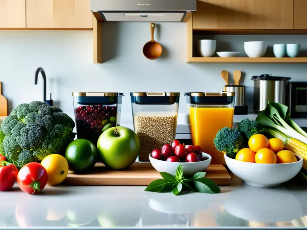 Preparación saludable: Ingredientes frescos y coloridos en cocina moderna Una cocina llena de ingredientes frescos y utensilios de cocina, transmitiendo preparación y alimentación saludable para el sistema inmunológico