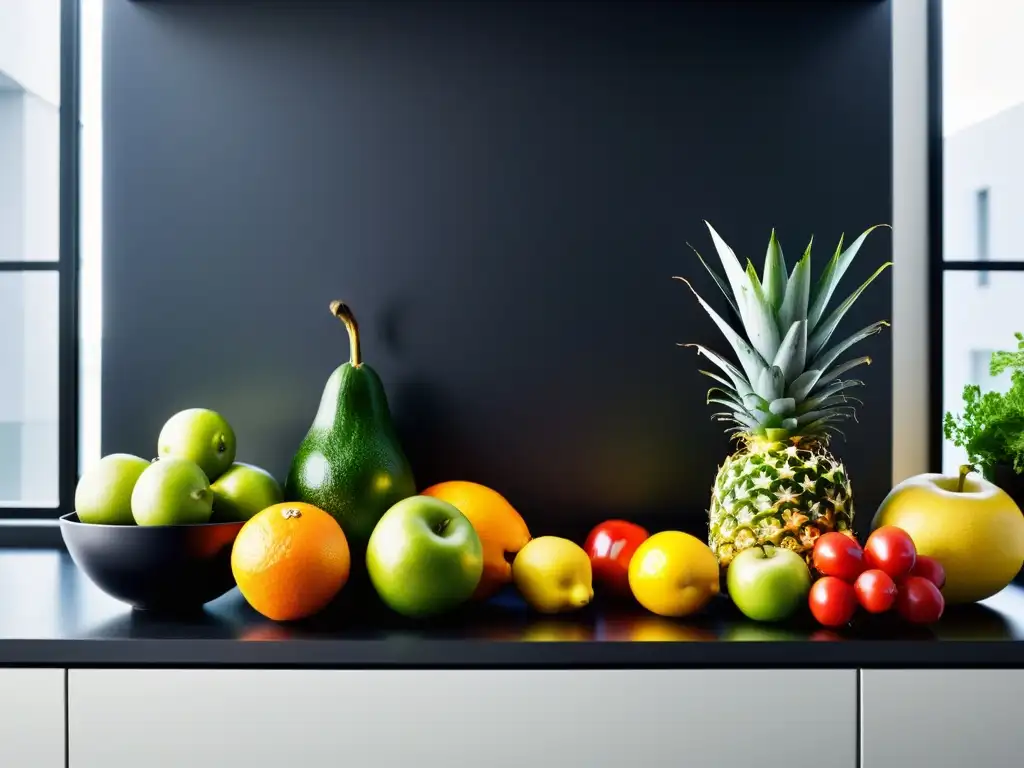 Encantadora cocina minimalista con frutas y verduras vibrantes Una cocina minimalista con frutas y verduras frescas en contenedores negros