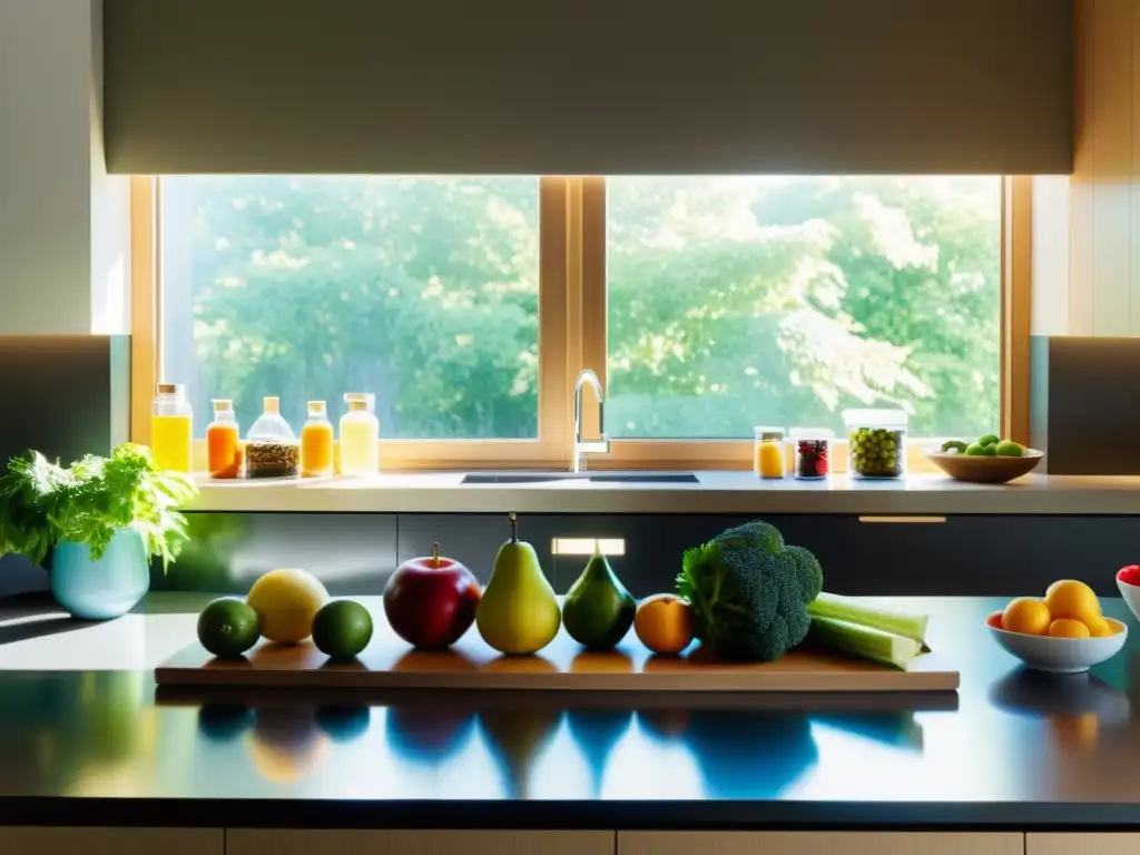 Encantadora cocina minimalista con frutas y verduras vibrantes Una cocina minimalista con frutas, verduras y suplementos organizados, iluminada por luz natural