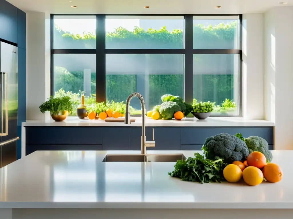 Kaleidoscopio de Salud: Cocina Minimalista con Frutas y Verduras Vibrantes Una cocina minimalista llena de frutas y verduras vibrantes, bañada por luz natural