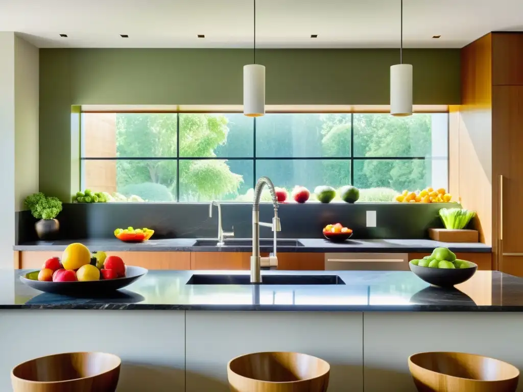 Espléndida cocina moderna con abundante fruta y verdura fresca Una cocina moderna con frutas y verduras frescas, creando un ambiente saludable y beneficioso para el sistema inmunitario