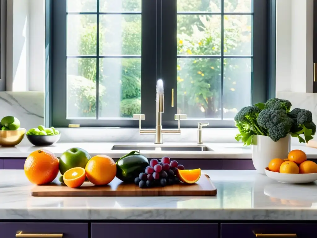 Espléndida cocina llena de frutas y verduras frescas Una cocina moderna llena de frutas y verduras coloridas, con luz solar que realza su frescura