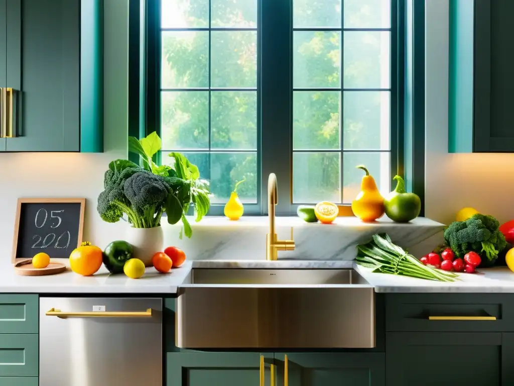 Vibrante cocina saludable llena de frutas y vegetales Una cocina moderna llena de frutas y verduras coloridas, bañada por la luz natural