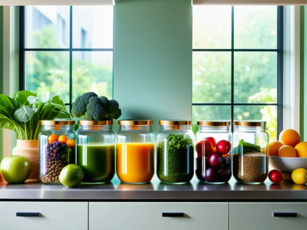 Encantador mostrador de cocina con alimentos inmunoestimulantes Una cocina moderna llena de frutas, verduras y suplementos para reforzar sistema inmunológico, iluminada por la luz del sol